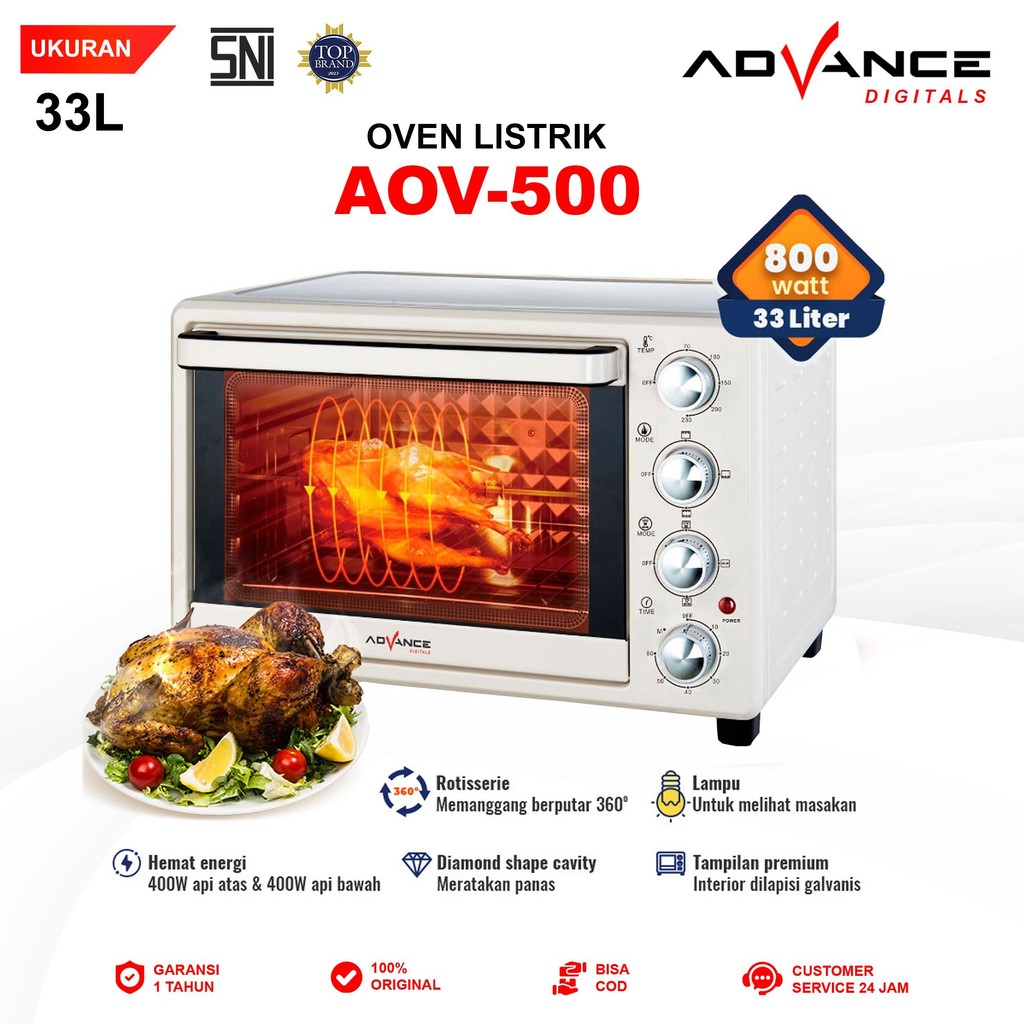 Advance AOV500 Electrik Oven 33L Big Oven Listrik 800W Ayam Bakar 360° rotasi Panggang secara merata