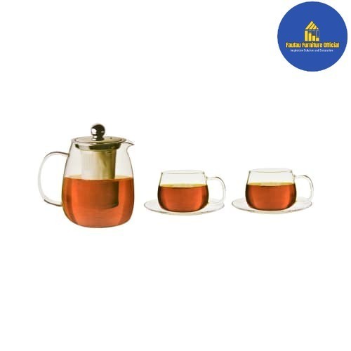 BEST QUALITY Set Teko Teh Kaca dengan 2 Gelas Tatakan Kaca Cantik Ukuran Teko 800ml