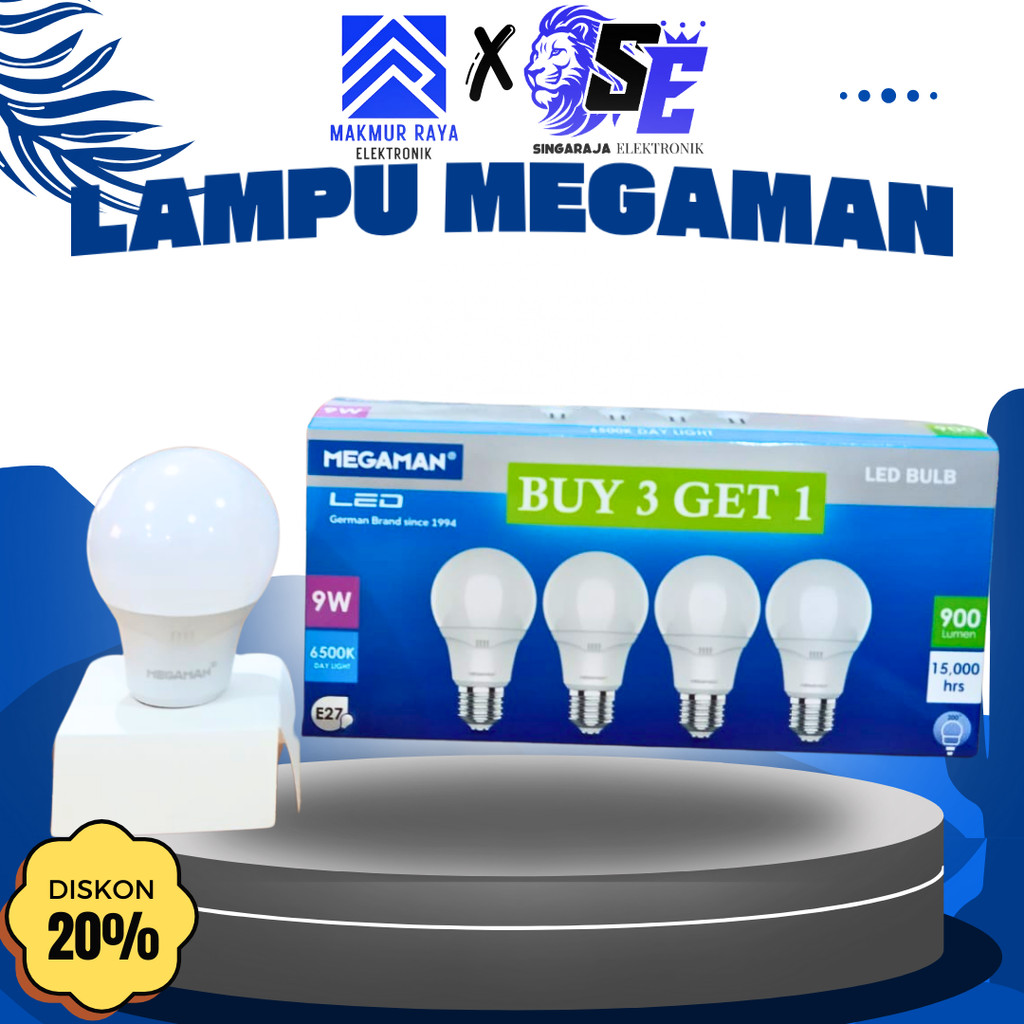 Paket 4 Pcs Lampu LED MEGAMAN A-Bulb 7W 9W 12W Daylight Putih 6500K E27 | Bohlam LED Hemat Energi