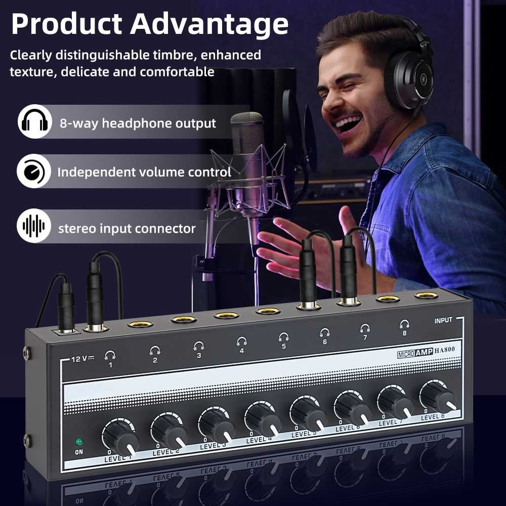 cacastore2 Micro Audio Amplifier Headphone Splitter 8 Channel Volume Control - HA800