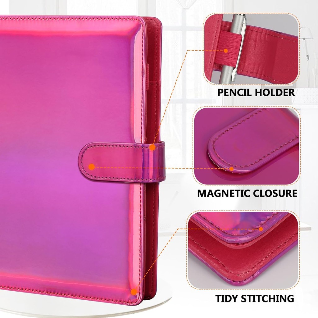 

A5 A6 6 Ring Binder Refillable Binder, Laser PU Leather Magnetic Buckle for School, Office, Travel & Photocard