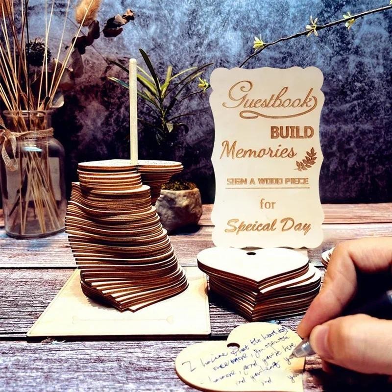 

72PCS Wood Heart Guest Book with 4 Accessories, Signature Guest Books Birthday Festivel Party Wedding Reception Decor Wood Gift