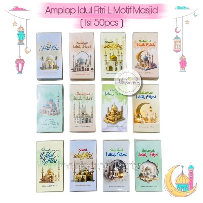 

[50Lembar] Amplop Lebaran Idul Fitri / Angpao Lebaran Box Mika Size L Motif Masjid