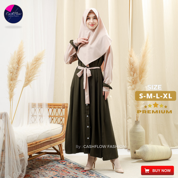 SALE - Gamis Syari Terbaru Set Khimar Hijab Polos Remaja nita Muslim Pesta - Army, S