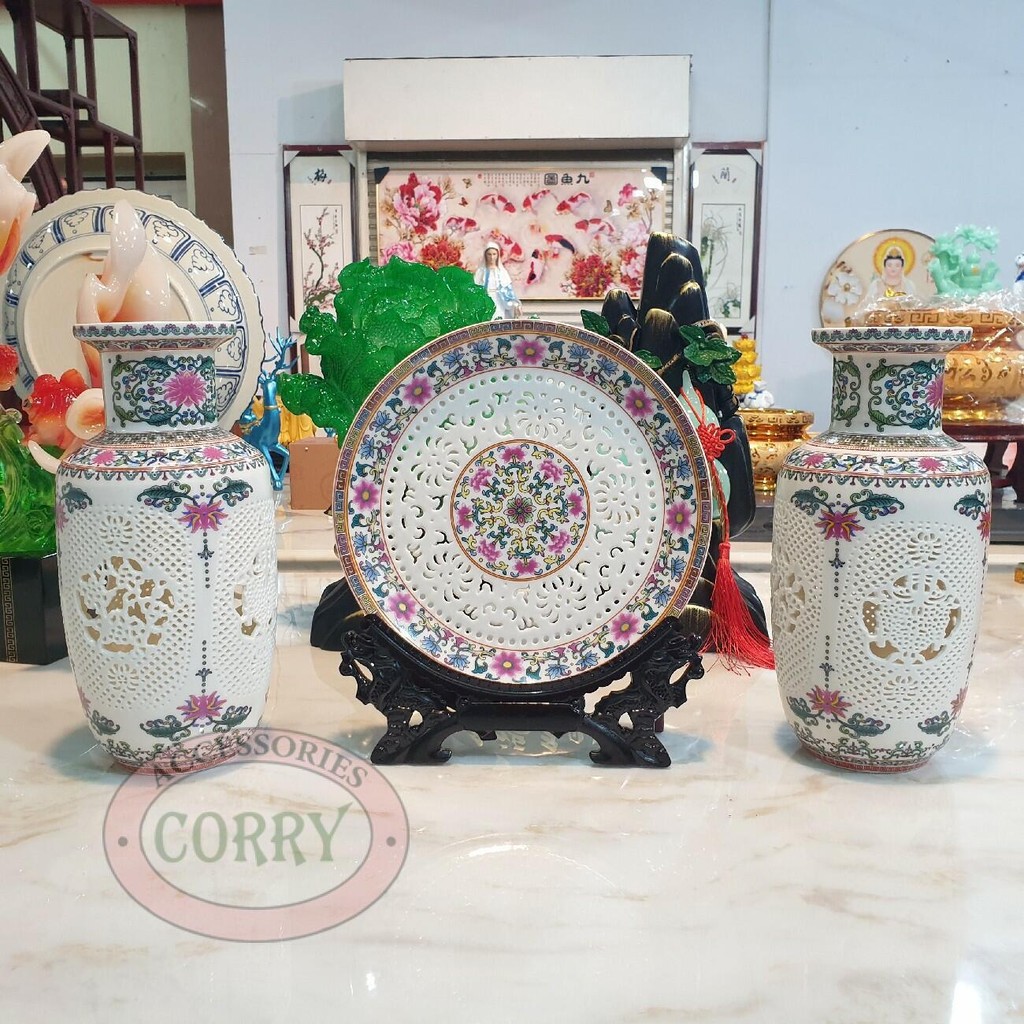 Pajangan Piring Vas keramik cina 30 cm antik motif bunga