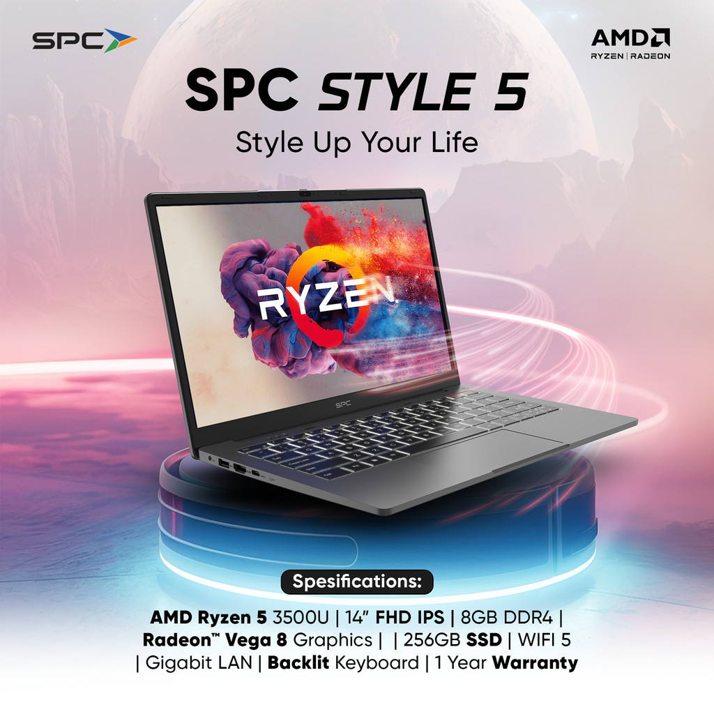 Laptop Ryzen 5 SPC Style 5 AMD Ryzen 5 3500 8GB 256GB SSD 14FHD IPS Backlit Keyboard