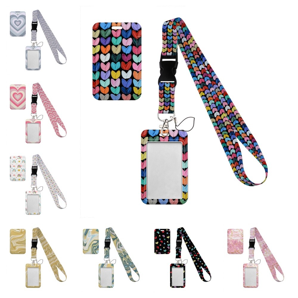

Simple marble heart rainbow card holder With buckle Lovely hanging rope ID pass hang accessories holder lanyard passr Case