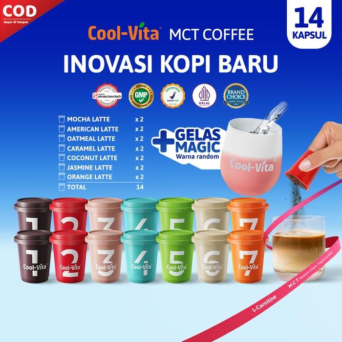 

[A - 14 KAPSUL + 1 GELAS MAGIC] A - Coolvita 1 Big Box MCT Coffee Capsule isi 14 Kapsul + 1 Gelas Magic Berubah Warna - Minuman Kopi Latte 7 Varian Rasa