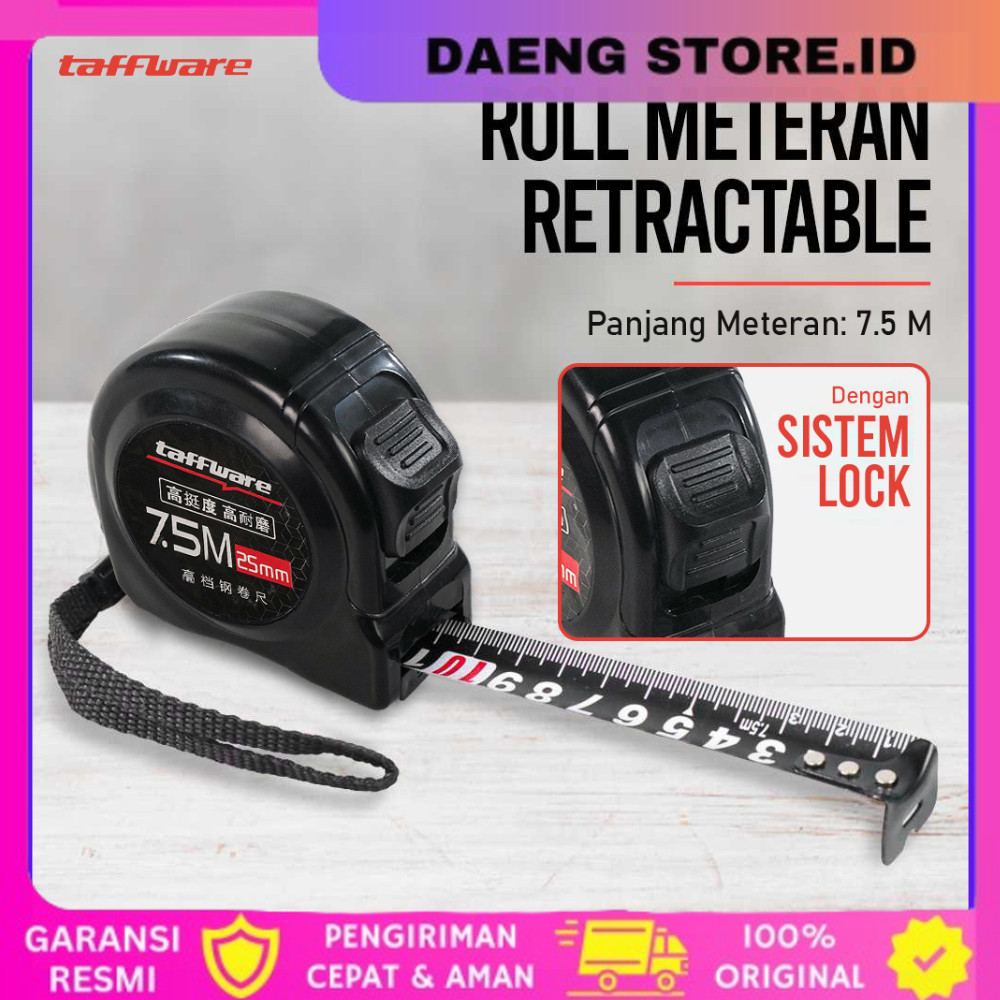 Roll Meteran Retractable Ruler Precision Steel 7,5 Meter Taffware Meteran Tukang Pengukur Penggaris