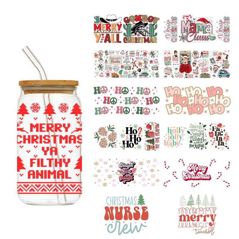 

1PCS Merry Christmas Ho Holly Jolly Nurse 16oz Libbey Wrap Tumbler Stickers Decal Glass Cup Pegatina UV Dtf Cup Wrap New Years