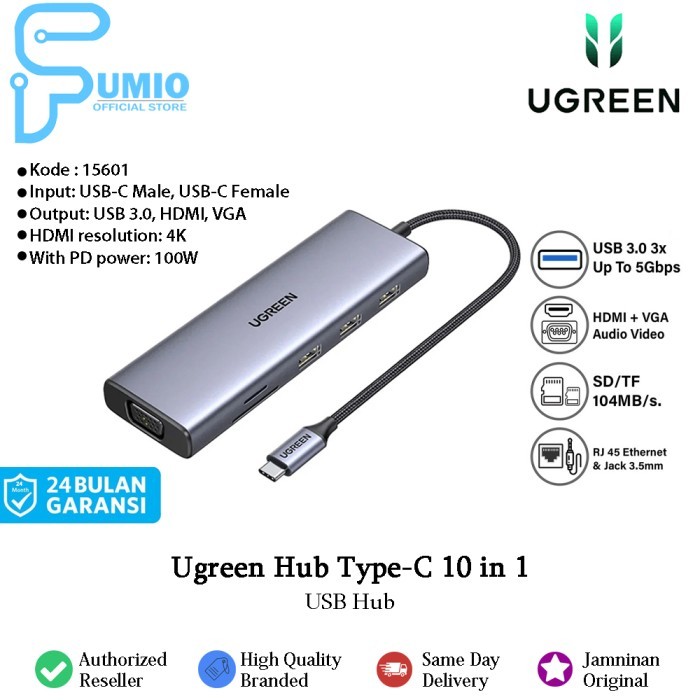UGREEN 15601 USB Hub 10 In 1 Type C HDMI VGA PD RJ45 Aux
