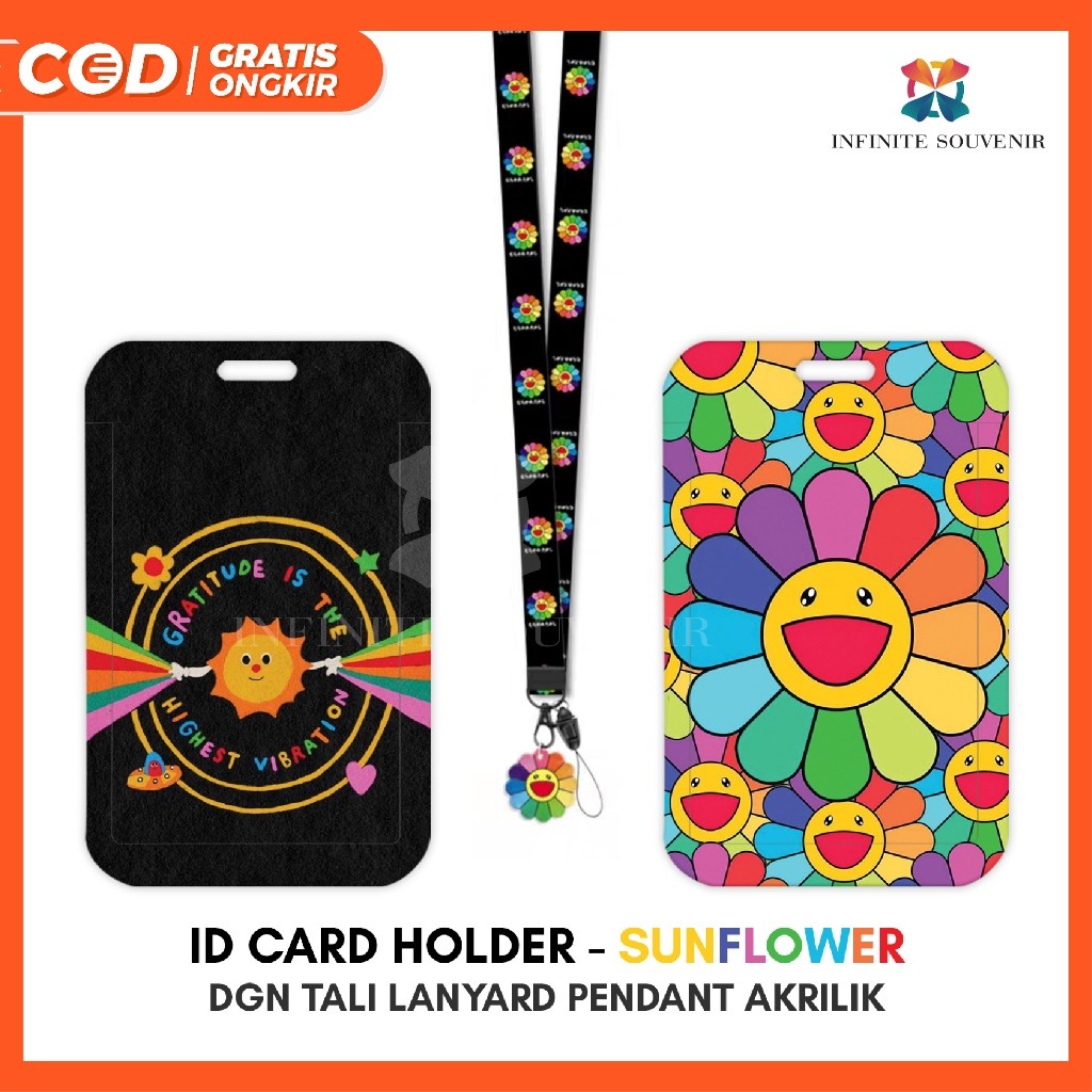 

[N003] SUNFLOWER / Name Tag Card Holder Motif Bunga Matahari Pelangi dengan Tali Lanyard Pendant Akrilik / ID Card Holder Tali Gantungan Acrylic / Nametag / Tempat Kartu Flazz / Emoney