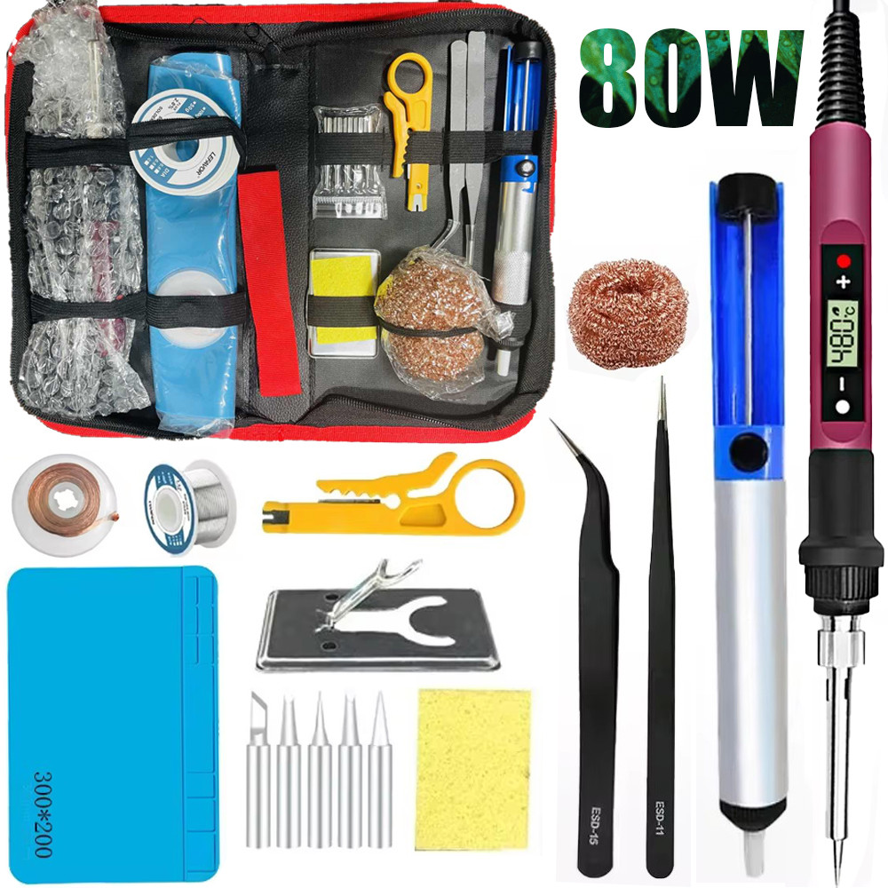 80W Electric Soldering Iron Kit Adjustable Temperature LCD Solder Ceramic Heater Soldering Tips Twee