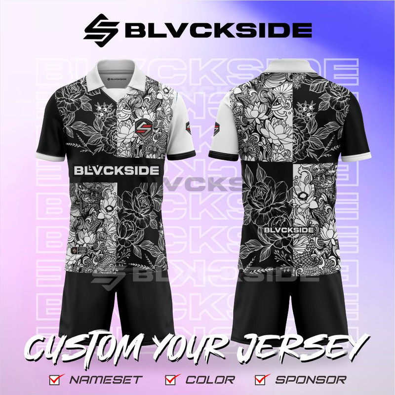 Jersey kelas Satuan futsal kerah retro vintage flower hitam putih sepakbola volley badminton gaming 