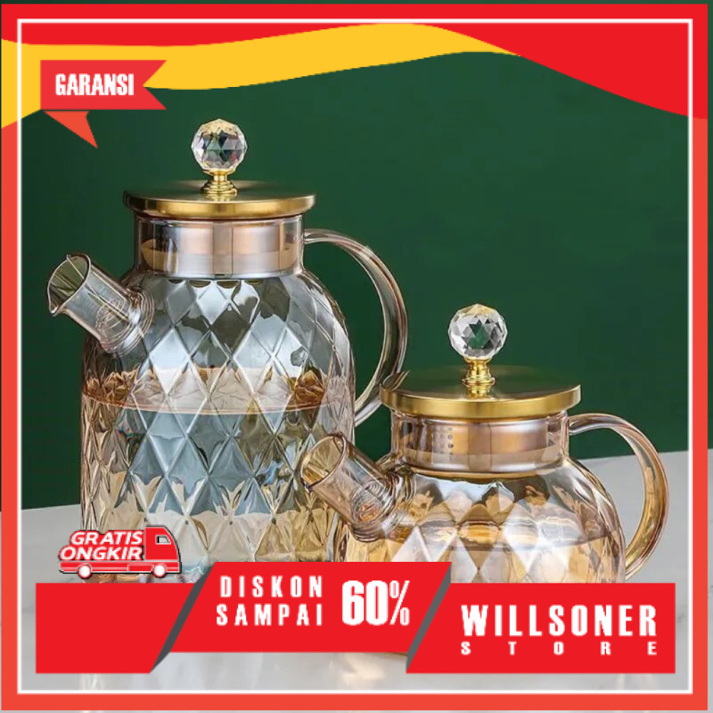 Teko Pitcher Kaca - Teapot Teko Teh Kopi Jus Chinese Tea - Tahan Panas Tutup Bambu Minimalis Aesthet