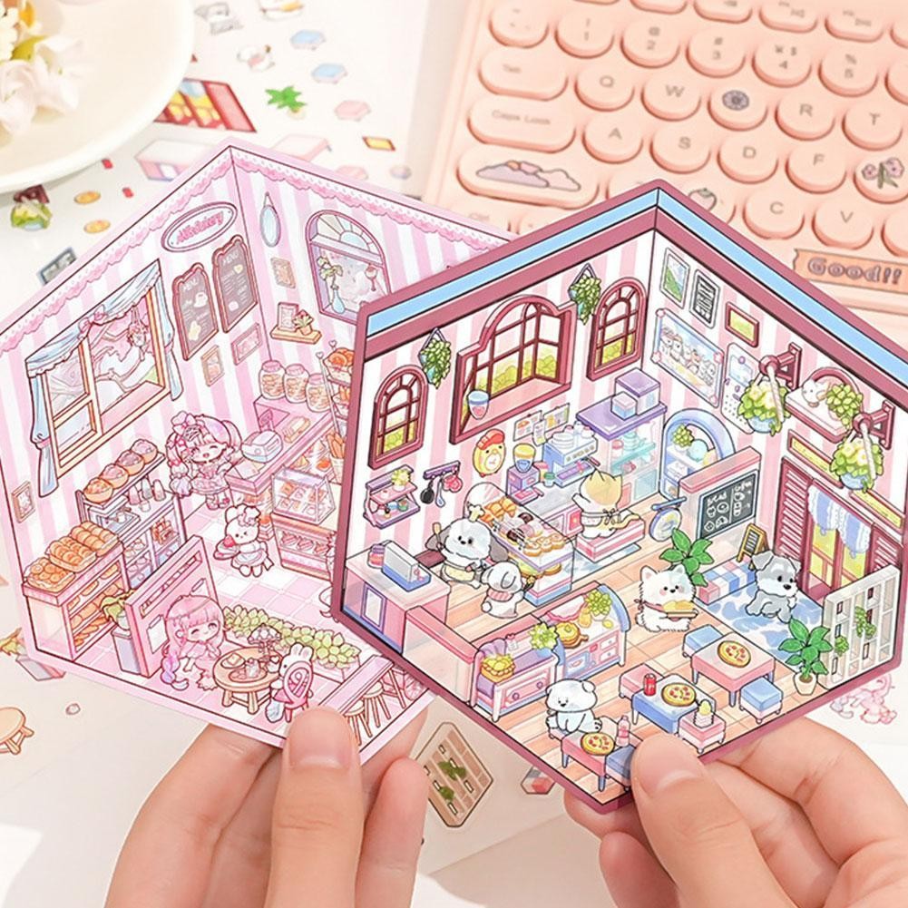 

3D House Sticker Scene 2024 DIY Handmade Miniature House Stickers Funny Cute Korean Cartoon Sticker Scenes Gifts for Kids Adults