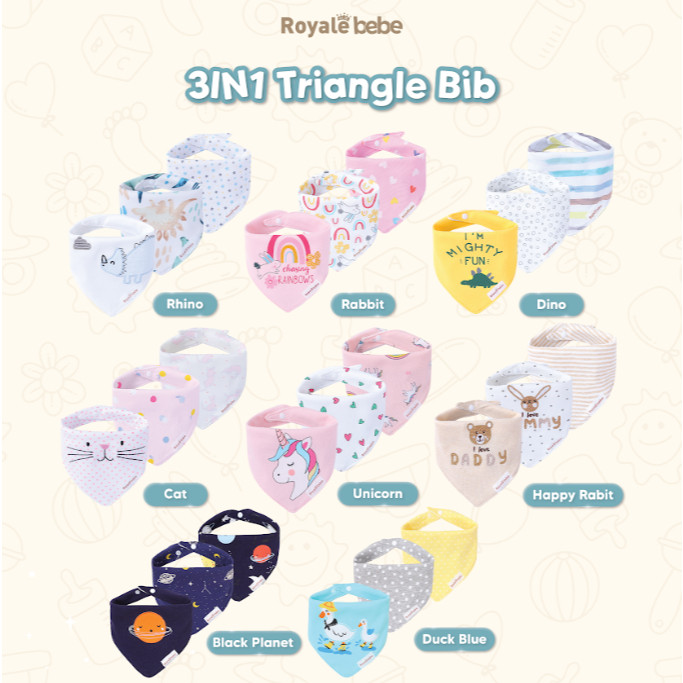 [FLASH SALE] Royale Bebe - Bib Bayi (3in1 Bib Segitiga) Triangle Bib | Celemek Makan Bib Bayi