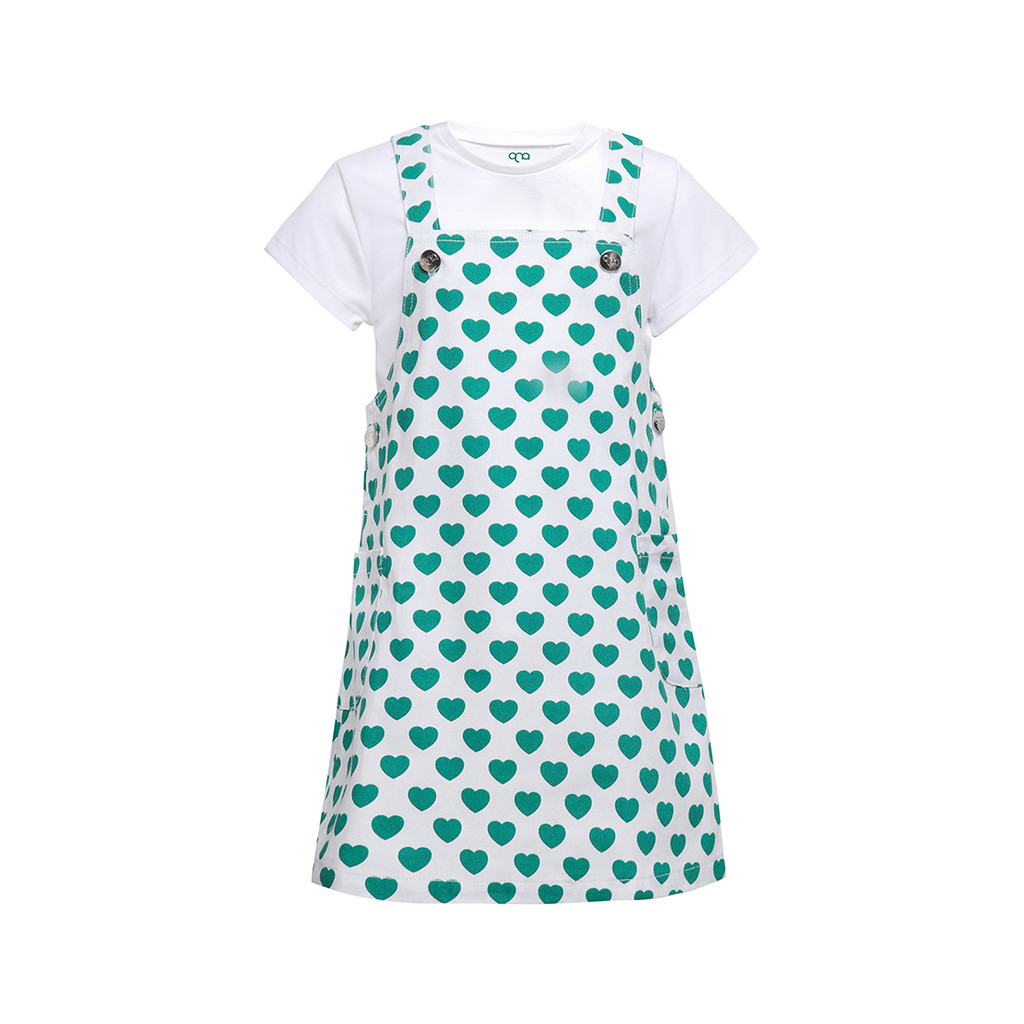 Qna Girl Elara Overall Dress Pendek anak Putih Motif Hati