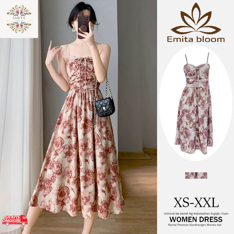 Dress Korea / EMITA BLOOM korean merah floral dress panjang summer style wanita dress pantai sexy el