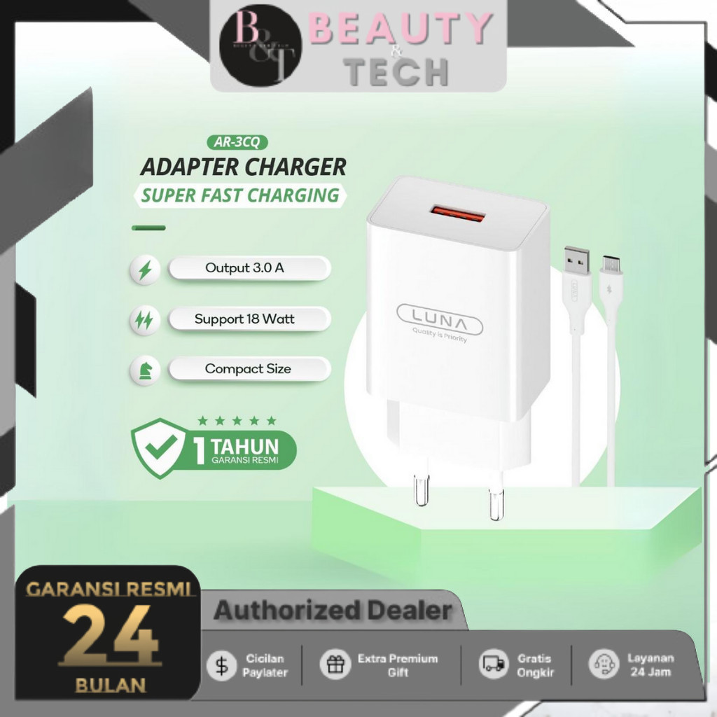 Luna Single Port Charger 18Watt (FAST CHARGING QC 3.0) Free Cable Data Garansi 1 Tahun