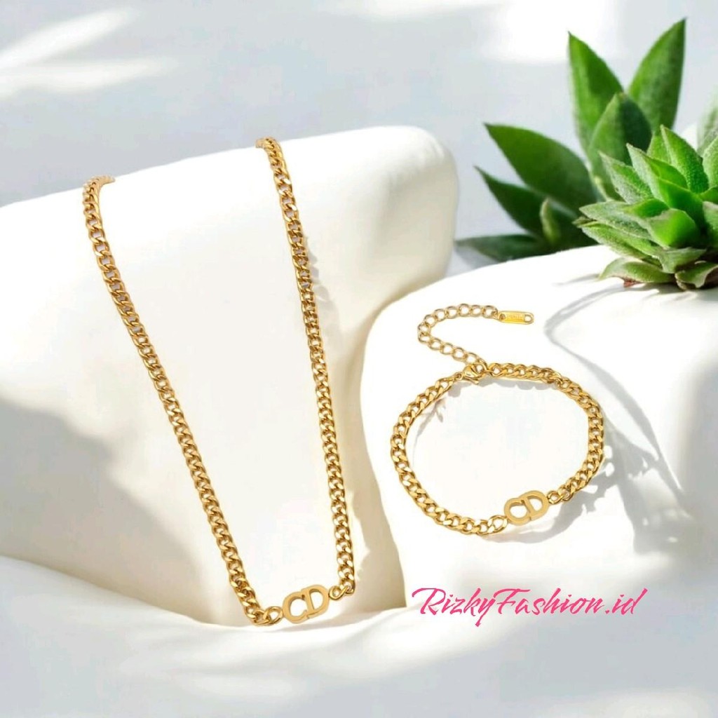 set perhiasan RizkyFashion.id | (1 SET) Perhiasan Kalung + Gelang ASLI TITANIUM 100% Model Rantai CD
