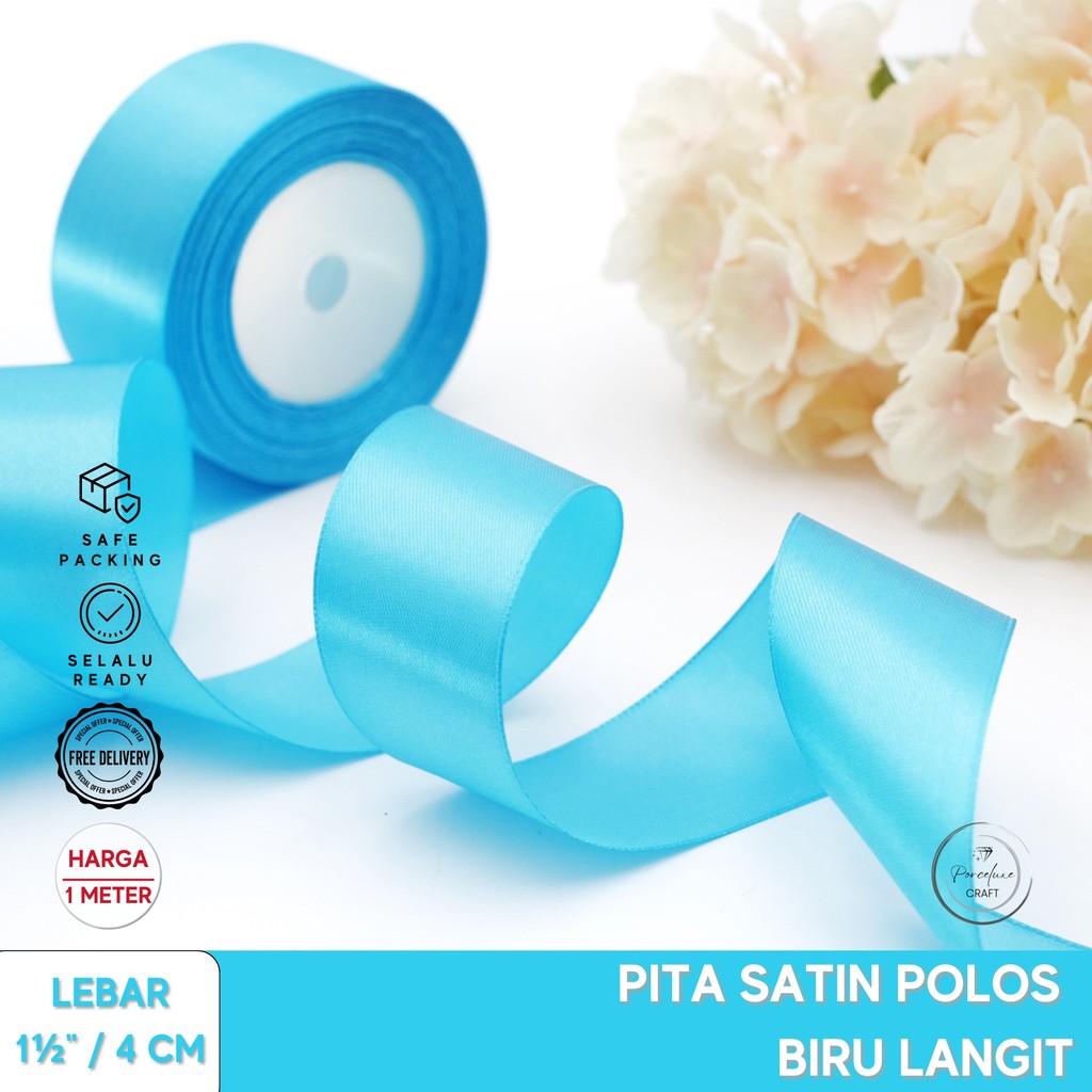 

Pita Ribbon Satin Hiasan Dekorasi Kado Hampers Polos Biru1 4 cm / 1,5 inchi Harga per Meter
