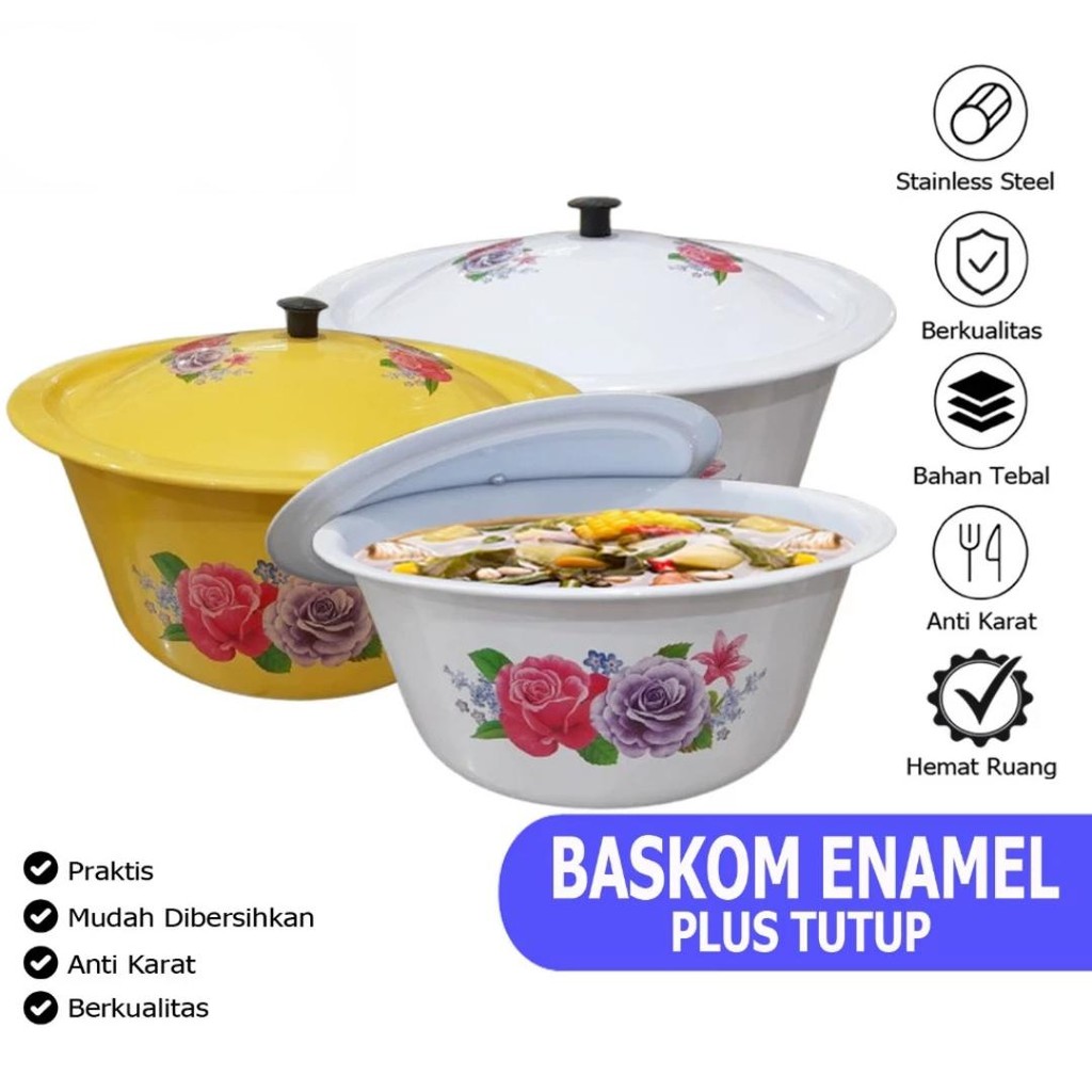 SN COD Baskom Enamel Plus Tutup 3PCS 1SET / Baskom Stainless Coating Enamel Bunga Plus tutup / Basko