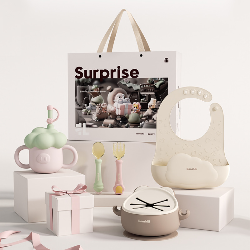 

BANSHILI 2024 New Design Kids Cutlery Set Spoon Fork Plate Bib Baby Feeding Nursing Silicone Baby Suction Bowl