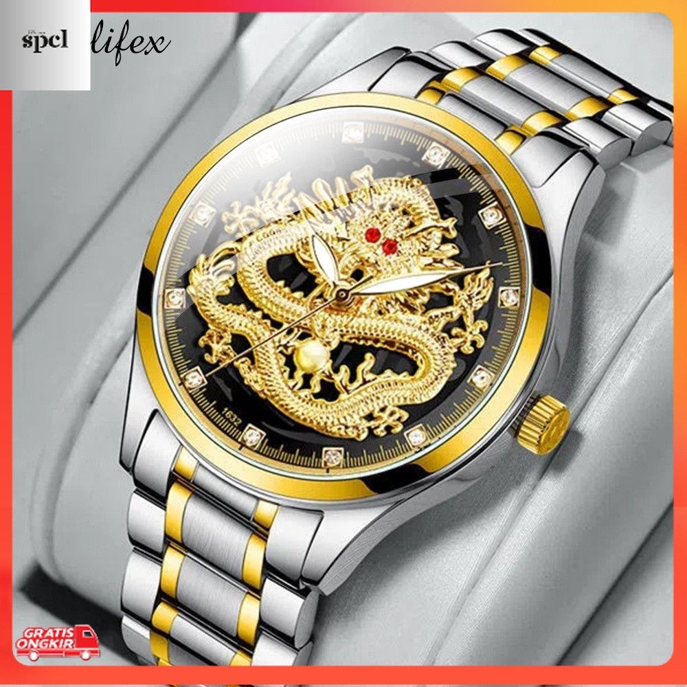 Jam Tangan Terkini / Sunlifex Jam Tangan Pria 9002 Naga Emas Stainless Steel Quartz Original Dragon 