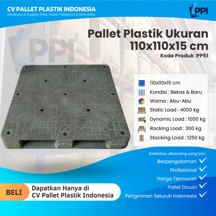 

Pallet Plastik Bekas/Baru Ukuran 110x110x15 cm – PP51 / Pallet Plastik Abu-Abu / Pallet Plastik Plat