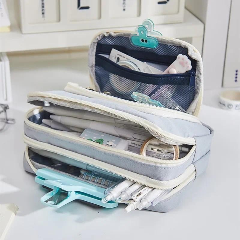 

Simplicity Pencil Case for Kid Boy Blue Beige Solid Color Series Pencil Bag 3 Layer Student High Capacity Stationery Storage Bag