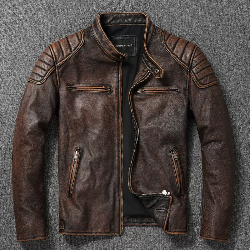 Vintage Black Brown Real Cowhide Genuine Leather Jacket Real Fur Men's Leather Jacket Bomber Men Lea