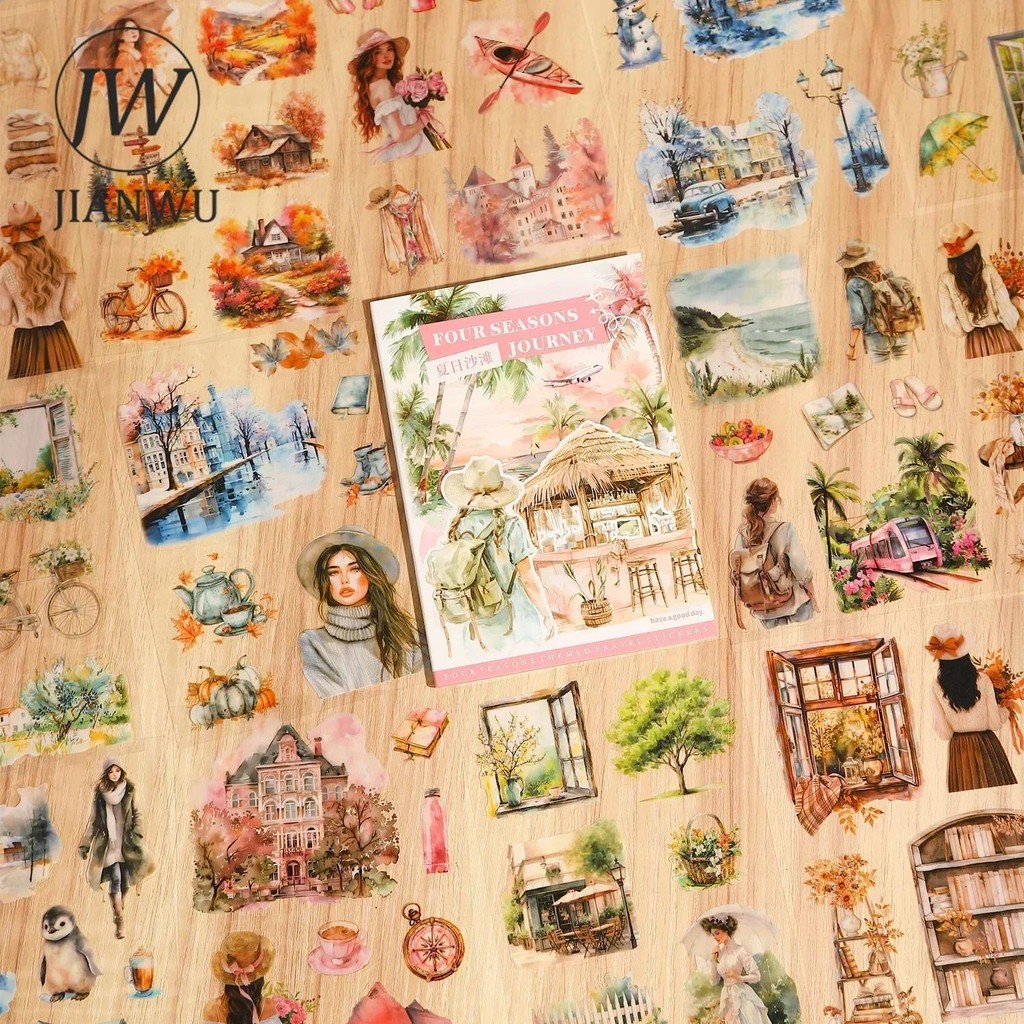 

JIANWU Four Seasons Journey Series Vintage Travel Character Material Collage PET Sticker Book Creative Journal Stationery