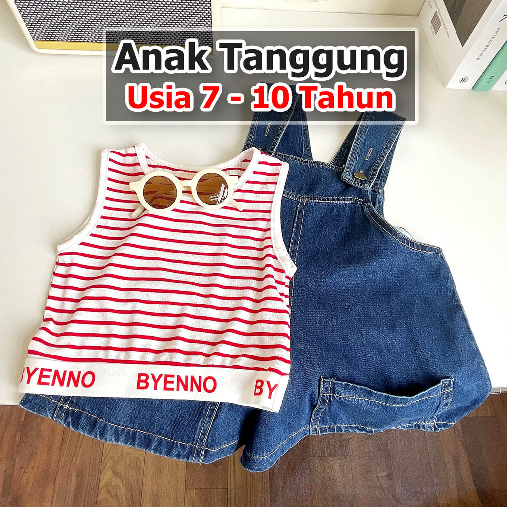 BABYHOKI STORE Usia 7 8 9 10 Tahun Baju Anak Tanggung Cewek [363613] - Setelan Singlet Overall Jeans