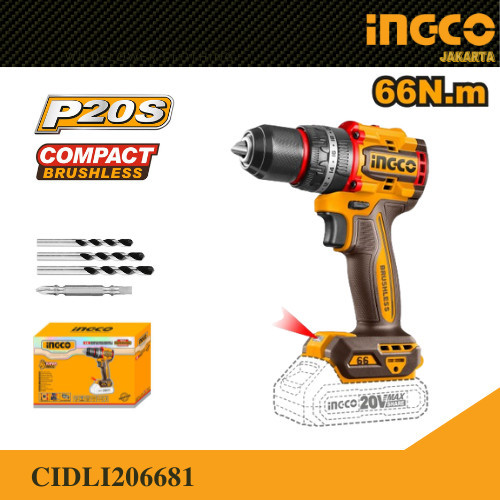 Bor Impact Baterai 20V P20S Brushless Impact Drill (66Nm 13mm) INGCO CIDLI206681 Bor Compact Cordles