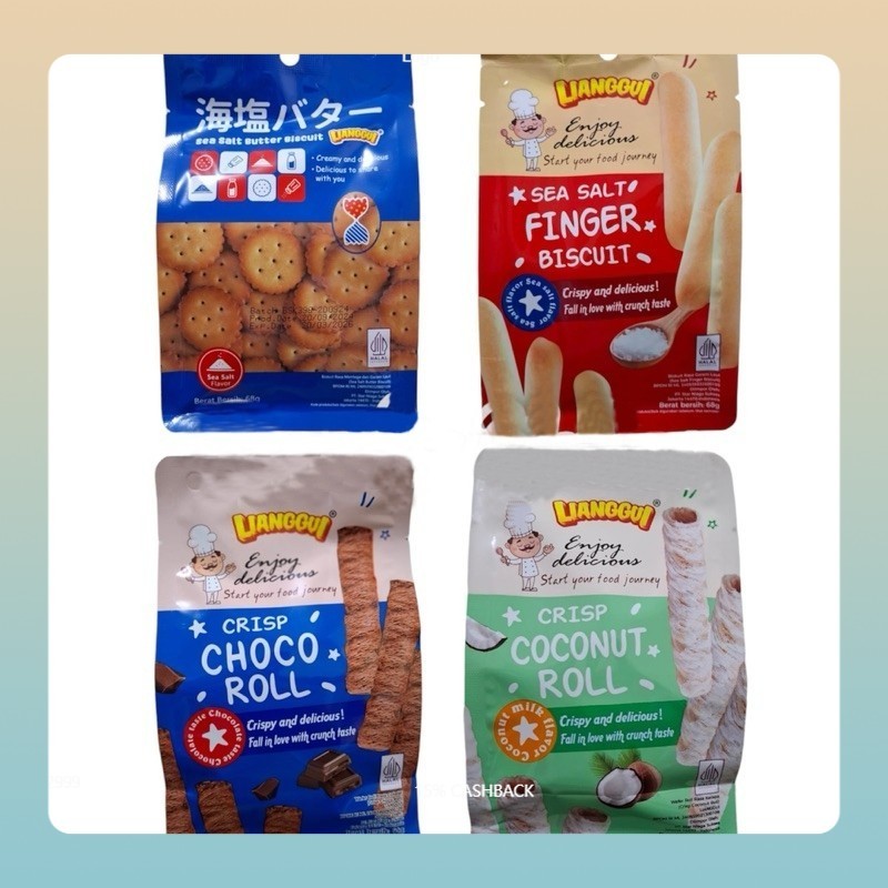 

[Viral cemilan] Lianggui Crispy Crisp Choco Coconut Roll Sea Salt Butter Finger Biscuit Lianggui Cookies Milk Sandwich Biscuit Macadamia Almond Nut Cookies 68g / 60g /108g /120g