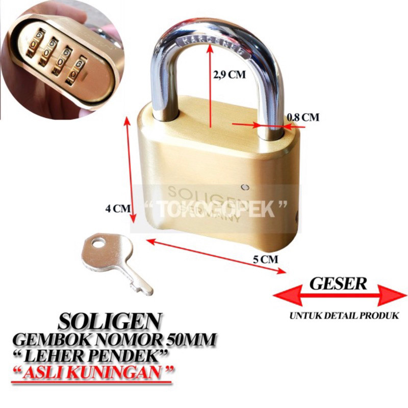 Gembok password kuningan 50mm Soligen gembok pintu pagar pendek