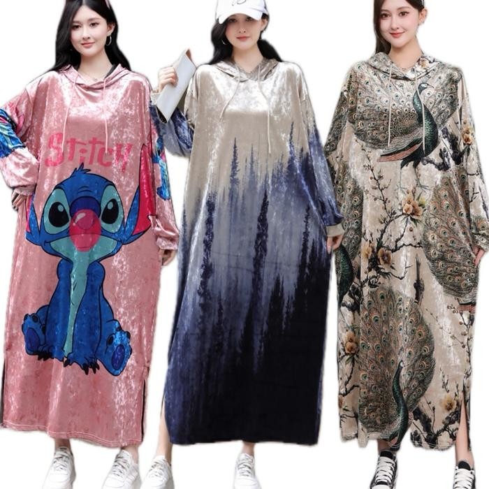 NEW -Long Dress Hoodie Velvet bludru lengan panjang Motif jumbo - Cream