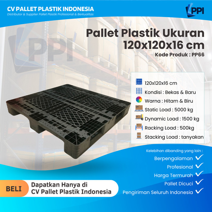

Pallet Plastik Bekas/Baru Ukuran 120x120x16 cm – PP66 / Pallet Plastik Hitam/ Pallet Plastik Jaring