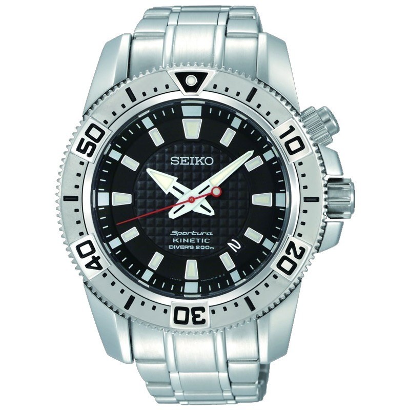 JAM TANGAN PRIA SEIKO KINETIC DIVER SPORTURA SKA509P1 ANALOG STAINLESS SILVER BLACK DIAL