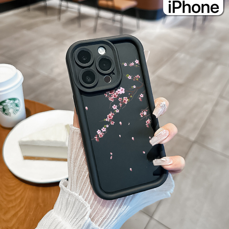 Estetik Bunga Keren Silicone Case iPhone 15 13 11 12 14 Pro Max XR X Xs Soft Polos Hitam TPU Tebal C