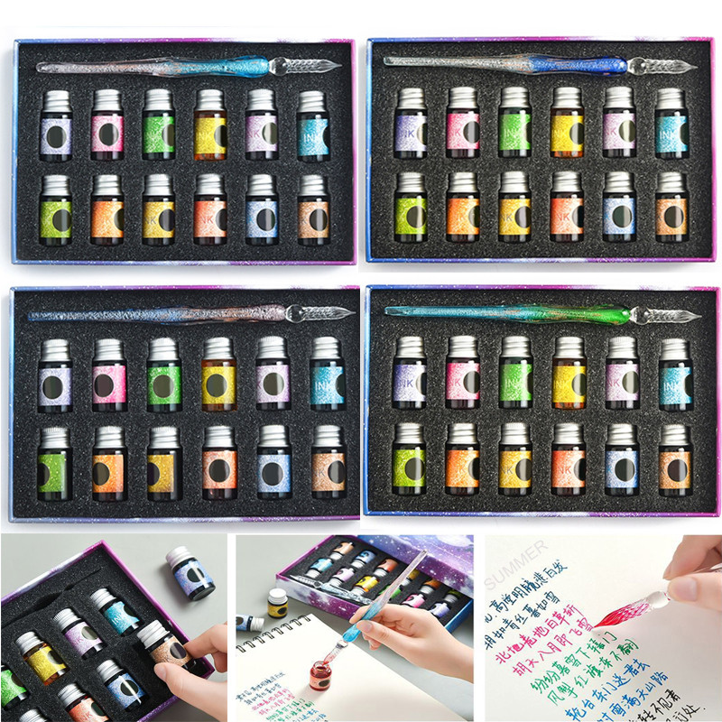 

Crystal Glass Pen Planet Theme Starry Sky Dip Pen Glitter Powder Fountain Pen 12 Colors Ink Gift Box Set Writing Supplies Gifts