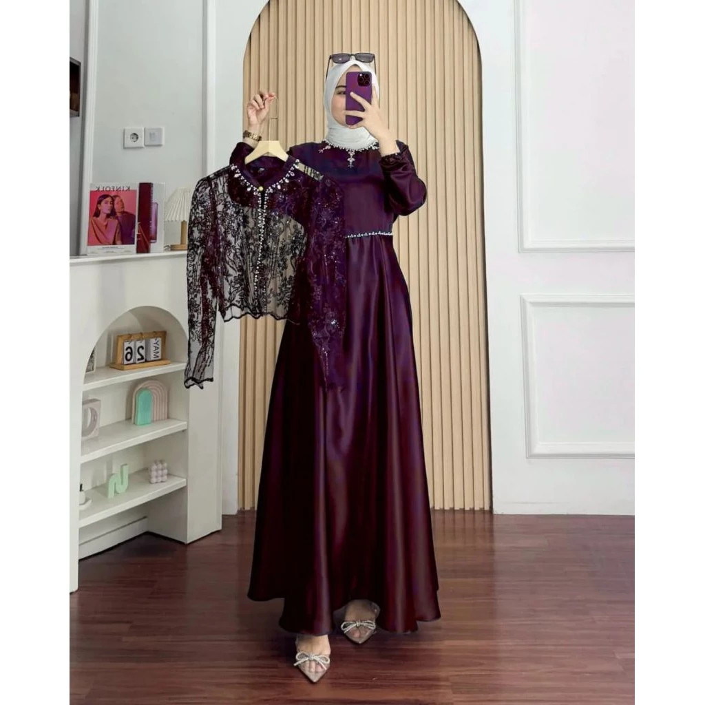 Gamis Set Outer Terbaru Sakura Maxy BO Bahan Kain Silk Premium Mix brukat Aplikasi Payet Mutiara LD 