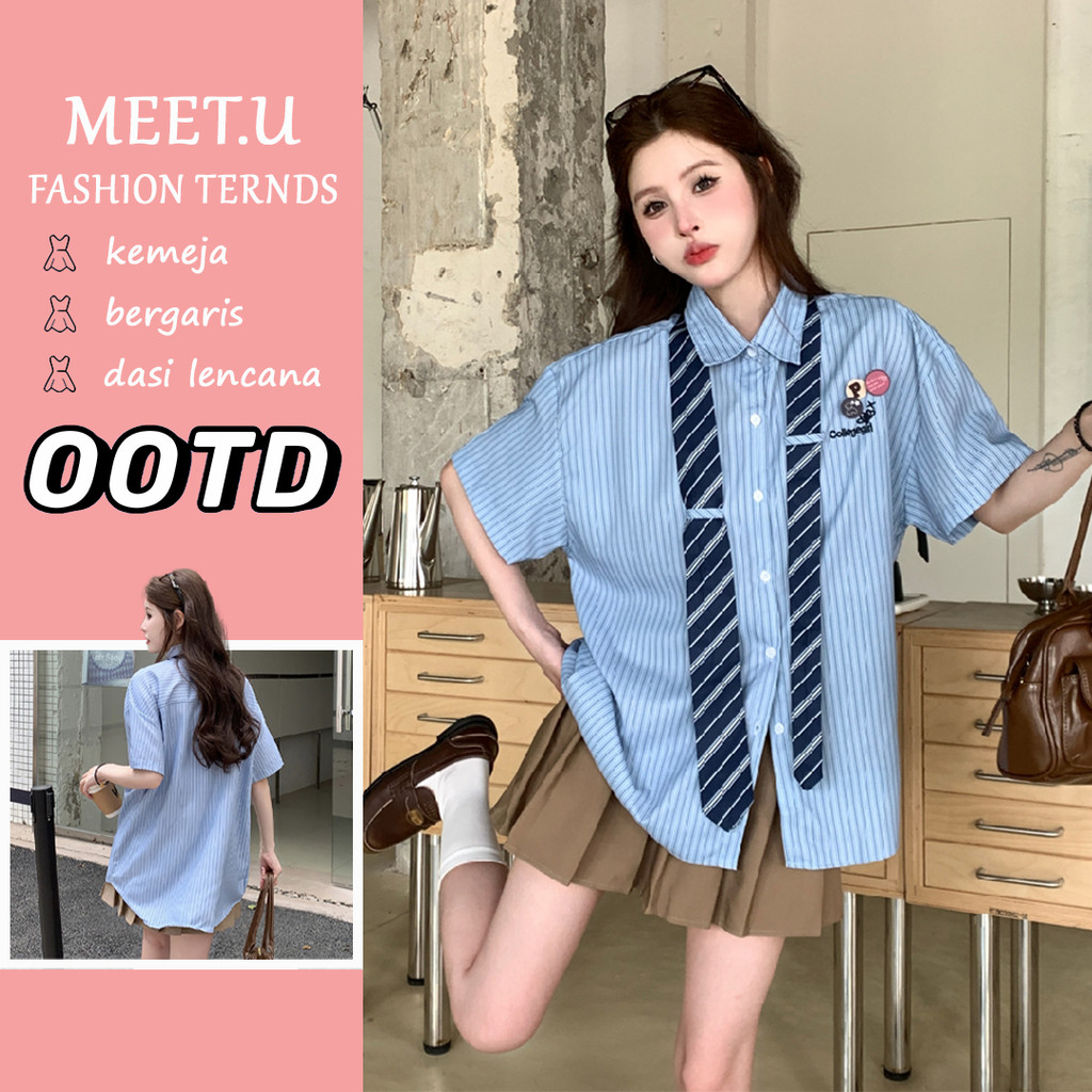 MEET.U Kemeja Dasi Wanita Kemeja Lengan Pendek Wanita Bergaris Biru Oversize Gaya Korea