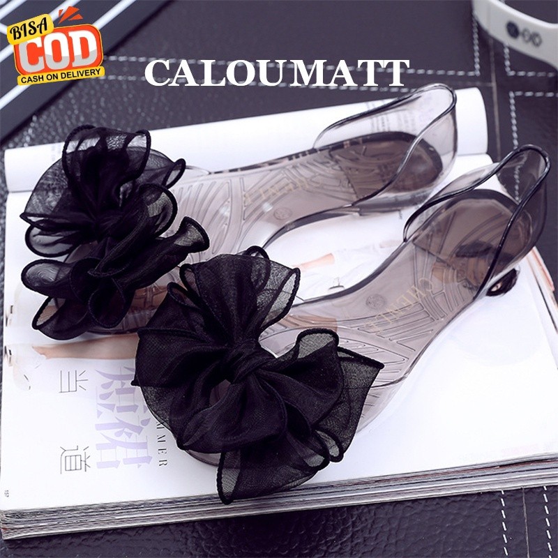 READY!Sepatu Jelly Korean Bunga Embllished Flat Jelly Shoes  transparan Sepatu Flat Kaca Alina PVC