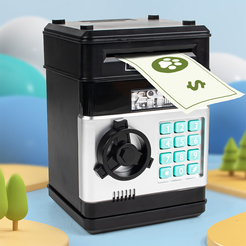

Children's interactive mini ATM bank toy, piggy bank with automatic money reels, secure coin storage and combination lock - age