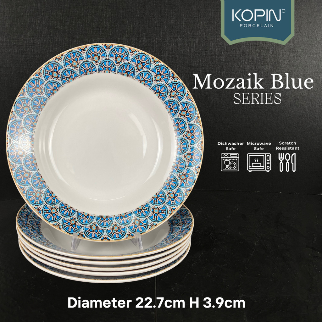 Piring Makan Keramik Porselen Model MOZAIC BLUE Diameter 23 CM | KOPIN