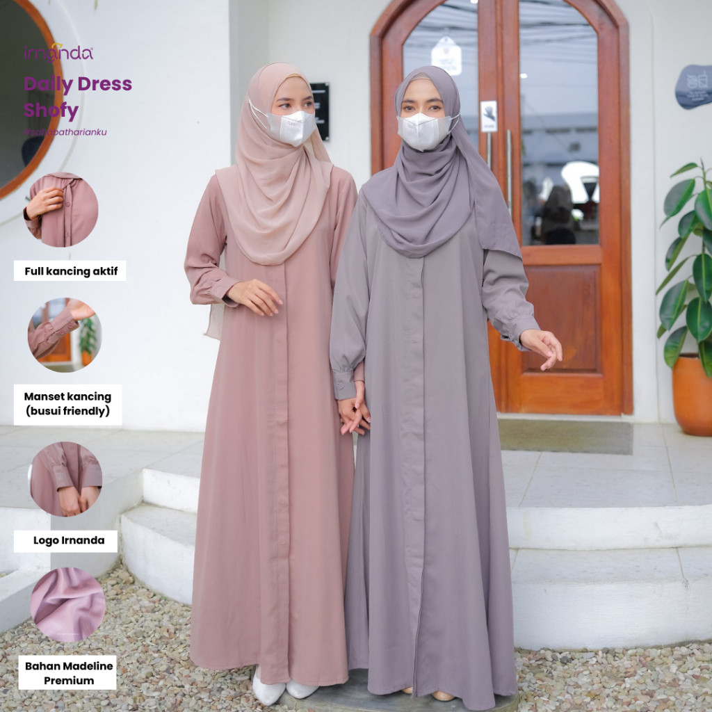 Irnanda Hijab - Gamis Shofy Polos Wanita Premium Full Kancing Flowy Adem