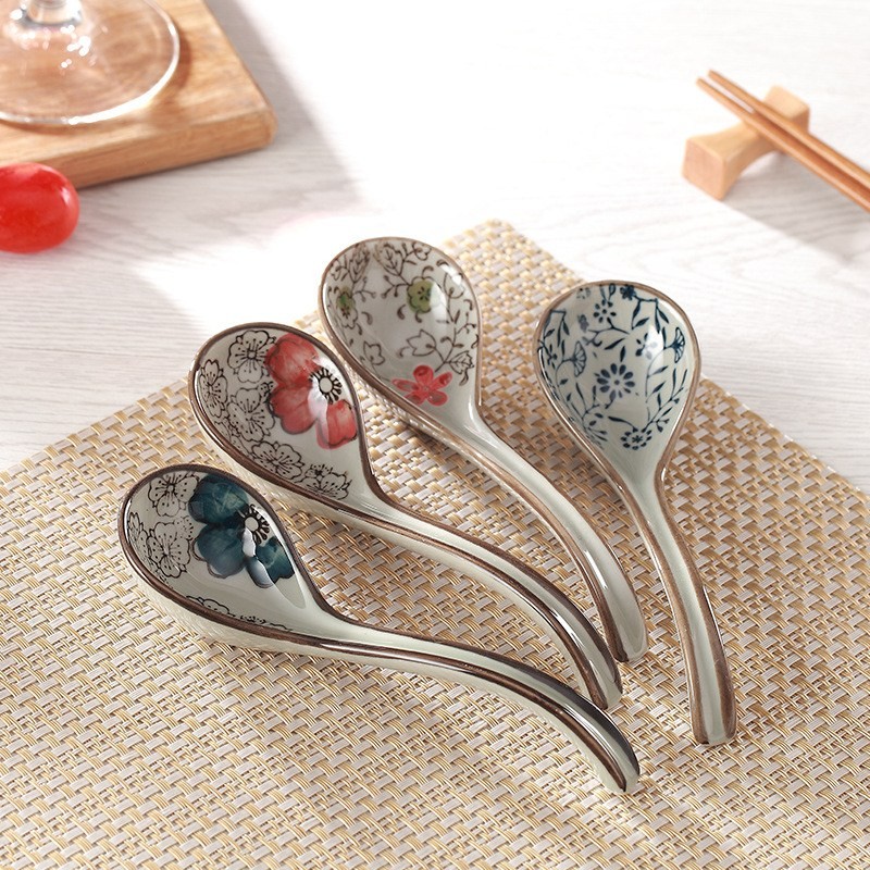 

Antique Ceramic Spoons Set - 4 Teaspoons/Table Spoons - Udon Spoons - Mixed Color