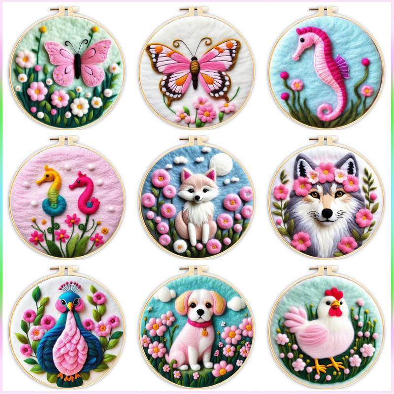 

CHENISTORY 1set Flowers Animal Embroidery Shed Wool Felt Painting DIY Material Package Hanging Wall Handmade Home Decoration